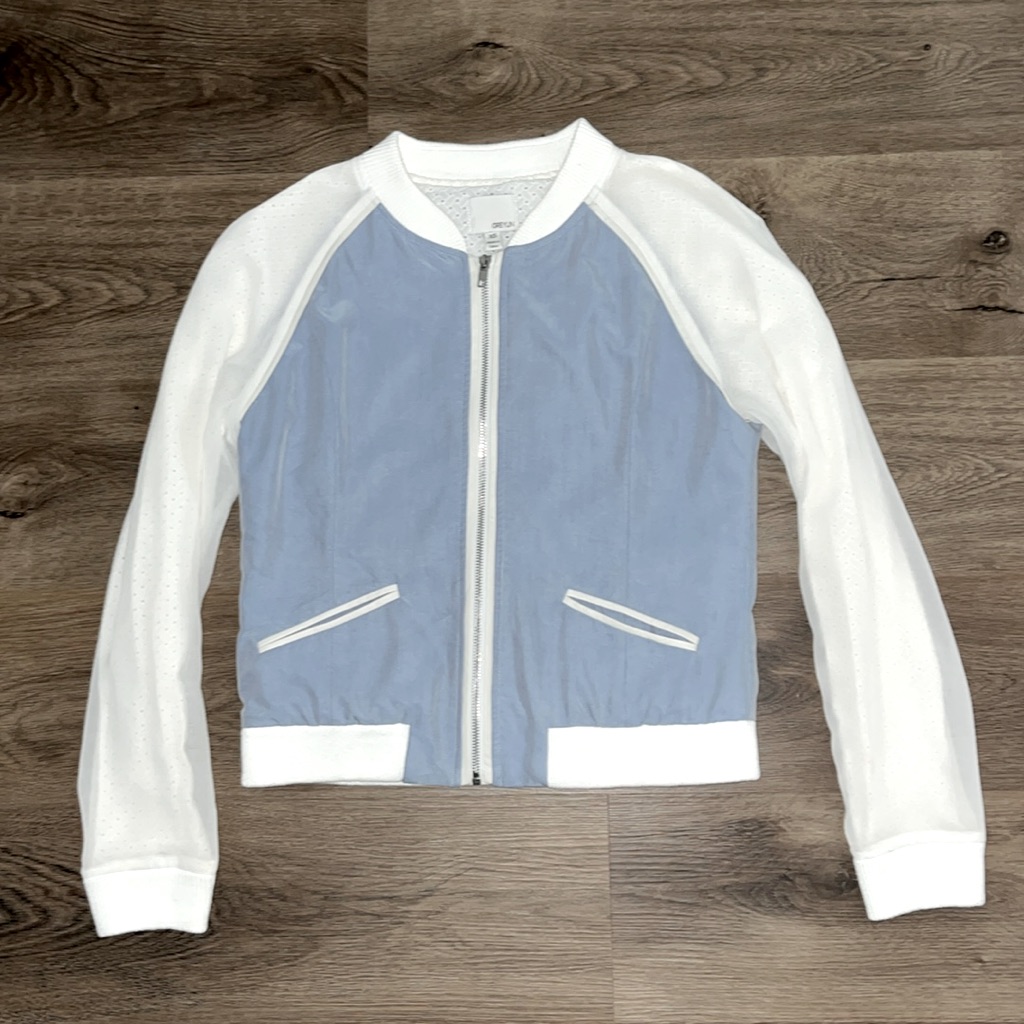 Xs Greylin Blue And White Lacey Bomber Jacket